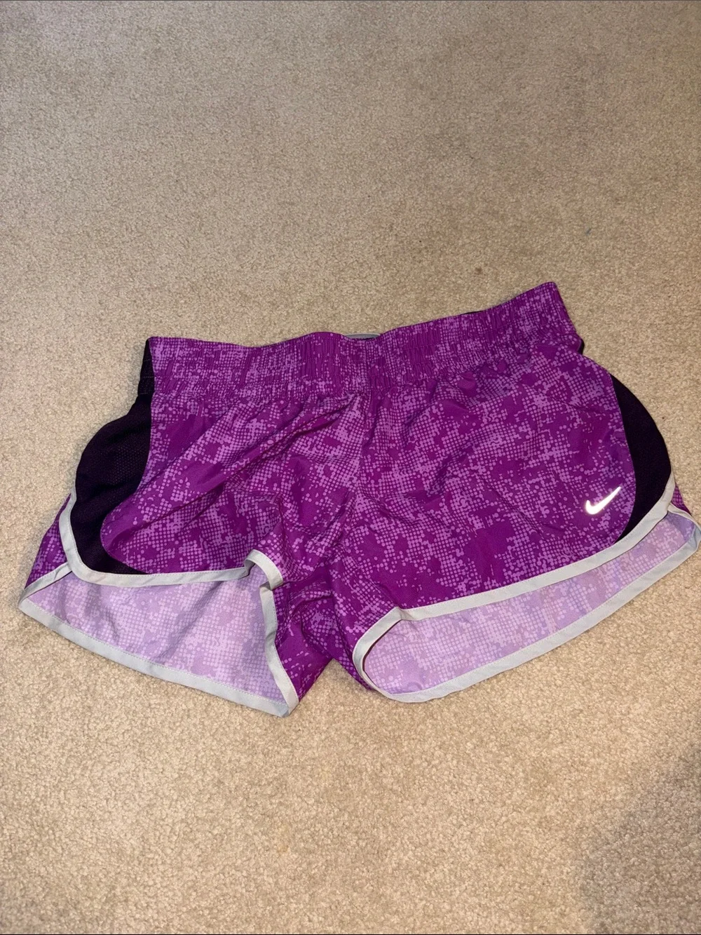 Nike Women’s Purple Patterned Athletic Shorts with Black Panels